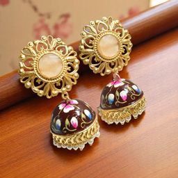 TISHUL JEWELS Gold-Plated Artificial Stones Studded & Beads Beaded Dome Shaped Jhumkas-15