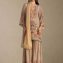 Soch Women Floral Printed Regular Mirror Work Silk Crepe Kurta with Sharara & With Dupatta-image-54