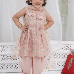 Little Bansi Girls Floral Embroidered Pure Cotton Kurta with Dhoti Pants & With Dupatta-picture-47