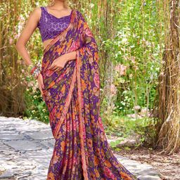 Peachmode Floral Sequinned Pure Chiffon Saree-picture-1
