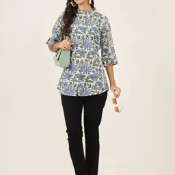 BAESD Floral Print Mandarin Collar Roll-Up Sleeves Ethnic Cotton Top-image-91