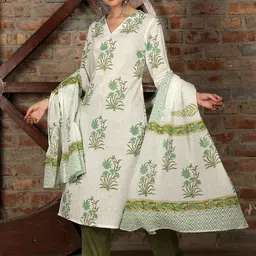 Taavi Floral Printed V-Neck Pure Cotton Straight Kurta With Trousers & Dupatta-picture-16