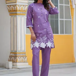 Kiana House Of Fashion Embroidered Mandarin Collar Pure Cotton Top With Trousers Co-Ords-picture-7