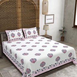 CLOTHOLOGY Pink & White Floral Pure Cotton 180 TC King Bedsheet Set 2.75m x 2.25m-image-81