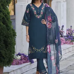 Varanga Floral Embroidered Thread Work Pure Cotton Straight Kurta With Trouser And Dupatta-picture-10