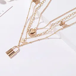 Vembley Women Gold Plated Multi Layered Heart Butterfly & Lock Charm Chain-picture-46