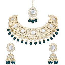 I Jewels Gold-Plated Stones Studded & Pearls Beaded Necklace And Earrings With Maang Tika-picture-46