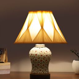 Devansh White & Red Printed Frustum Shaped Wooden Table Lamp image 2