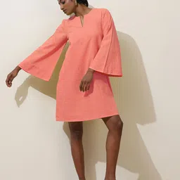 trueBrowns Solid Bell Sleeve A-Line Short Dress-image-65