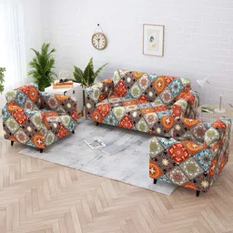 Story@home Orange & Blue Printed Polyester 3 Piece Sofa Cover With Arms-picture-12