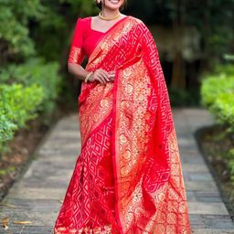 KALINI Woven Design Zari Silk Blend Bandhani Saree-image-80