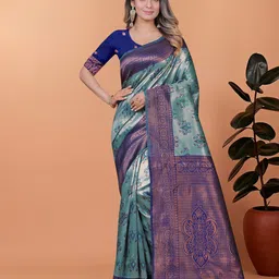 V3 FASHION STUDIO Ethnic Motif Woven Design Zari Art Silk Banarasi Saree-picture-24