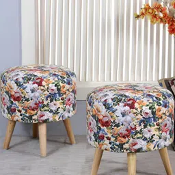 Shadowkart Set Of 2 Blue & Red Floral Printed Wooden Round Shaped Ottomans-21