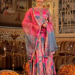 AARAAS Floral Embroidered Notch Neck Silk Gown With Dupatta-picture-9