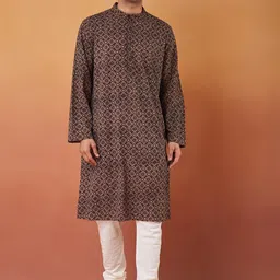 Fabindia Geometric Ajrakh Printed Band Collar Cotton Straight Kurta-picture-28