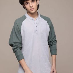 Men Colorblock Mandarin Collar Cotton Blend Grey T-Shirt-image-13