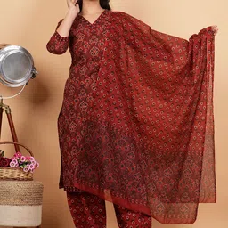 KALINI Floral Printed V Neck Pure Cotton Kurta With Trousers & Dupatta-20
