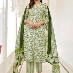 SZN Floral Printed Mandarin Collar Straight Kurta With Trouser & Dupatta-24