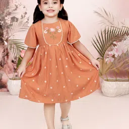 TINY TWILLS Girls Floral Embroidered Flared Sleeve Cotton Fit & Flare Dress-image-9