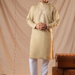 5 Stitch Ethnic Motifs Embroidered Sequinned Band Collar Straight Kurta With Pyjamas-12