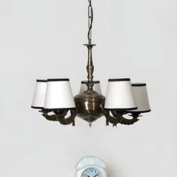 Devansh White Conical cotton shade with Antique Golden Chandelier Metal Ceiling Lamp-image-53