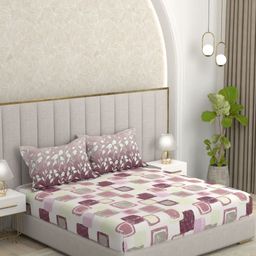 Pure Decor White & Purple Geometric Queen Bedsheet with 2 Pillow Covers-picture-0