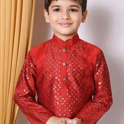 NFC CREATION Boys Embroidered Regular Sequinned Dupion Silk Kurta with Patiala image 4
