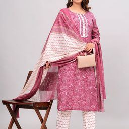 JAIPURI COLLECTION Women Printed Round Neck Thread Work Cotton Kurta with Trousers &-picture-17