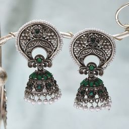 JAYPORE Silver-Plated Oxidised Contemporary Drop Earrings-53