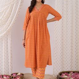 Indo Era Orange Printed A-Line Co-Ords set-image-56