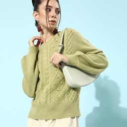 STREET 9 Women Green Cable Knit Acrylic Pullover-image-45