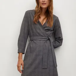 MANGO Women Charcoal Grey Checked Wrap Dress-image-15