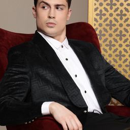 House of Pataudi Tailored Geometric Self Design Velvet Finish Single-Breasted Party Blazer-image-70