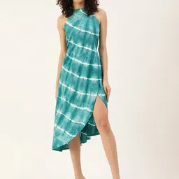 Maaesa Women Green & Off White Dyed Halter Neck A-Line Midi Dress-image-16