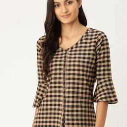 MBE Women Beige &  Black Checked Pure Cotton Top-image-27