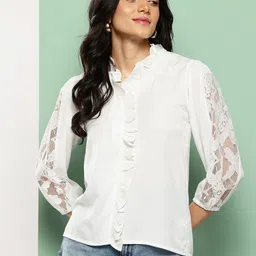 Killer Lace Insert & Ruffled Detail Puff Sleeves Crop Top-image-98