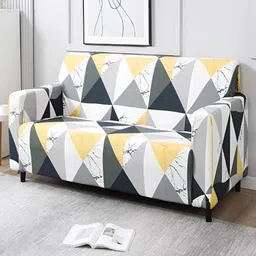 HOKIPO Yellow & Grey Printed 4 Seater Elasticated Sofa Cover With Arms-image-87