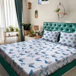 KLOTTHE Blue And Grey Floral Printed Cotton 400 TC Double Bedsheet Set 2.50 m x 2.20 m-image-0
