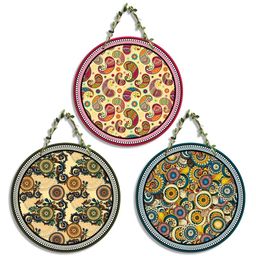 SEHAZ ARTWORKS Circle Set 3-Pcs Yellow & Pink Printed Wooden Wall Hangings-image-34