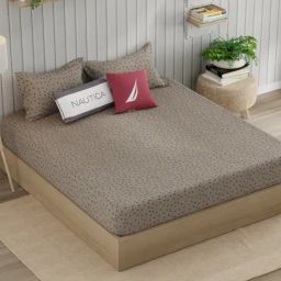 Nautica Marina Bay Khaki Cotton Geometric 250 TC King Flat Bedsheet with 2 Pillow Covers-11