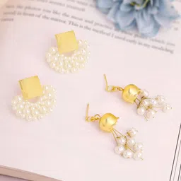 Yellow Chimes Set Of 2 Gold Plated Pearl Beaded Contemporary Drop Earrings-47