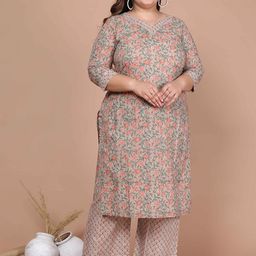 Doriyaan Plus Size Floral Printed V-Neck Straight Pure Cotton Kurta With Palazzos-8