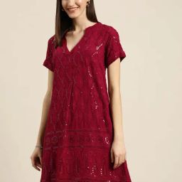 Qurvii Maroon Embellished A Line Dress-image-53
