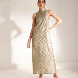 Fablestreet Beige & Gold Printed Maxi Dress-image-18