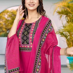 MOJILAA Ethnic Motifs Yoke Design Straight Kurta With Trousers & Dupatta image 2