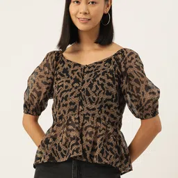Slenor Animal Print Sweetheart Neck Puff Sleeve Georgette Peplum Top-32
