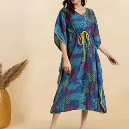 YASH GALLERY Women Chevron V-Neck Chevron Printed Kaftan Midi Dress-picture-7