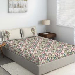 DDecor Primary Floral Pink & Green 136 TC Cotton Double Bedsheet with 2 Pillow Covers-image-82