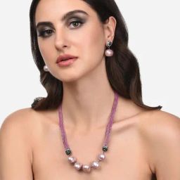 Zaveri Pearls Pink Beaded Contemporary Dazzling Multistrand Necklace & Earring Set-ZPFK14039-14