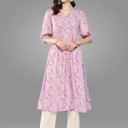 Janasya Lavender Floral Print A Line Kurta-image-44